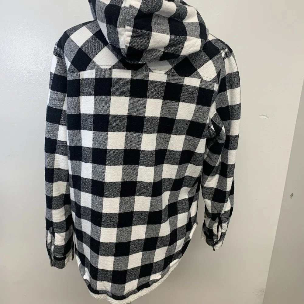 Blue Notes Sherpa Lined Buffalo Plaid Boyfriend Shirt Jacket Woman Large Hood - Picture 5 of 9